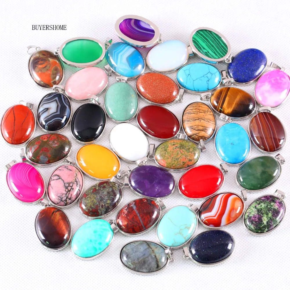 

31 Colors 35x25MM Silver Oval Natural Stone Beads Pendant Fit Necklace Earrings For Women Howlite Amazonite Jewelry Gift 1Pcs