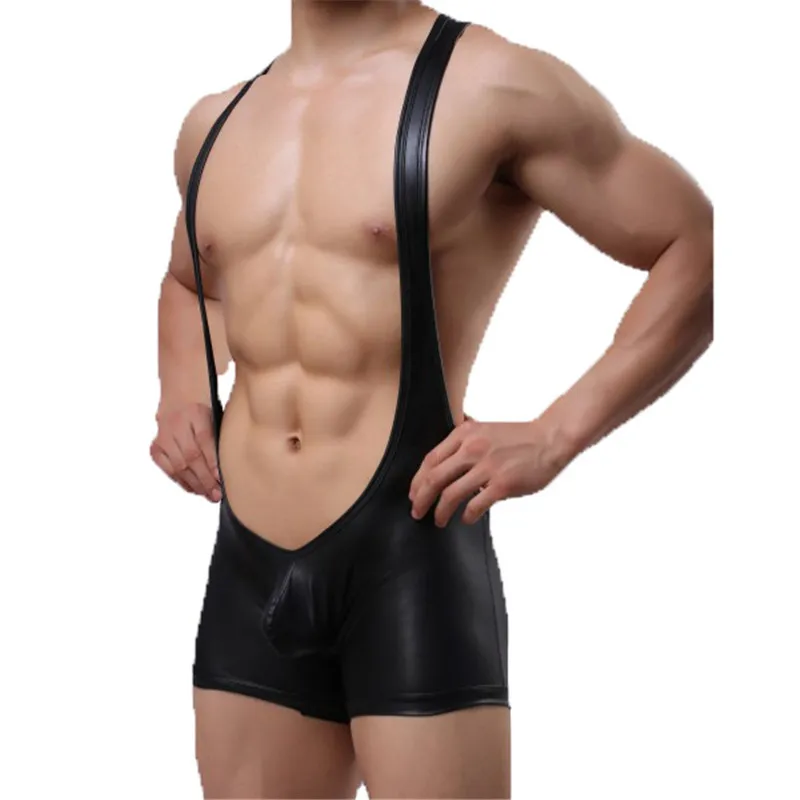 WOXUAN Stretch Tight Unitard Leotard Sexy Men's Faux Leather Bodysuit Boxers Jumpsuits Wrestling Singlets Lingerie Gay Jockstrap