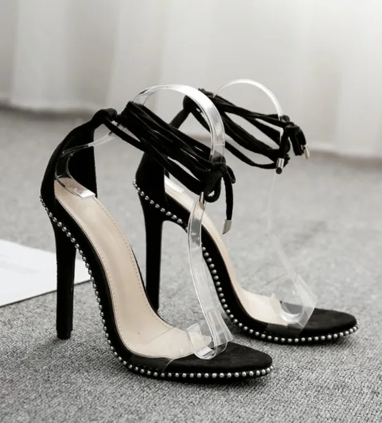 

2019 Women Ankle Strap Sandals Transparent Band Square Heels Metal Decoration Ladies Summer Party Wedding Shoes