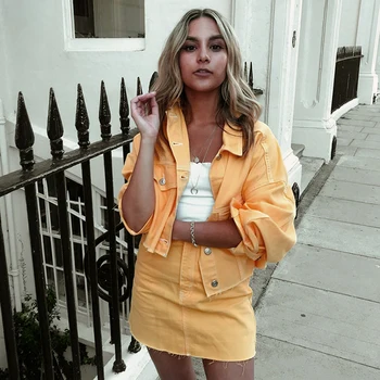 

Spring Winter Long Sleeve Jacket Coat Women Outwears Skirts Suit Women 2 Pieces Sets Women Suits Cowboy Solid Yellow Color