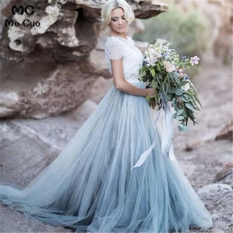 CAP SLEEVES WHITE LACE JACKET BABY BLUE TULLE PROM DRESSES EVENING GOWNS PARTY DRESS