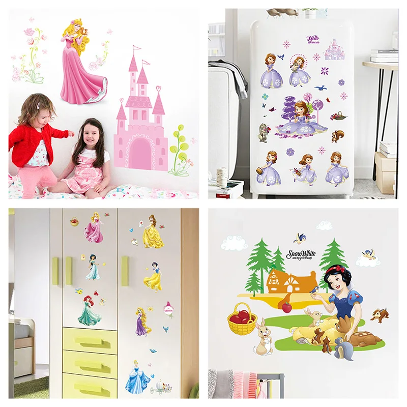 Snow White Sofia Mermaid Rapunzel Cinderalle Belle Ariel Princess Wall Stickers For Home Decor Kids Room Decal Cartoon Mural Art