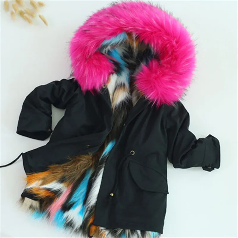Зимний для девочек, стильные куртки из овечьей шерсти для мальчиков пальто с капюшоном пальто из искусственного меха для детей, Повседневное плотные теплые парки одежда для малышей Верхняя одежда G191 - Цвет: rose red black