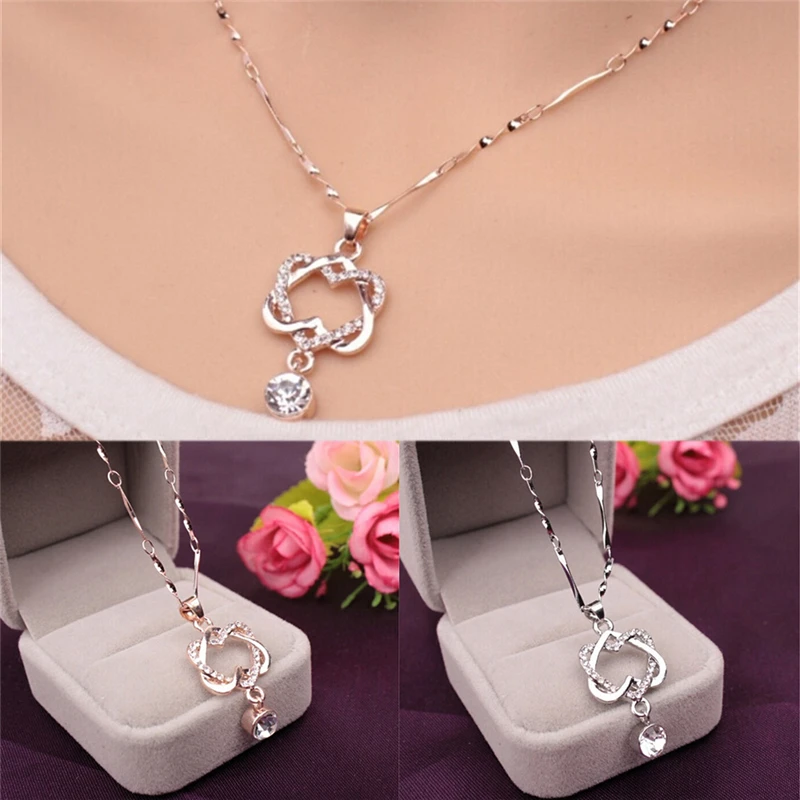 

Gift Necklace Summer Dress Jewelry Double Heart Winding Crystal Rhinestone Short Drop Pendant Necklace