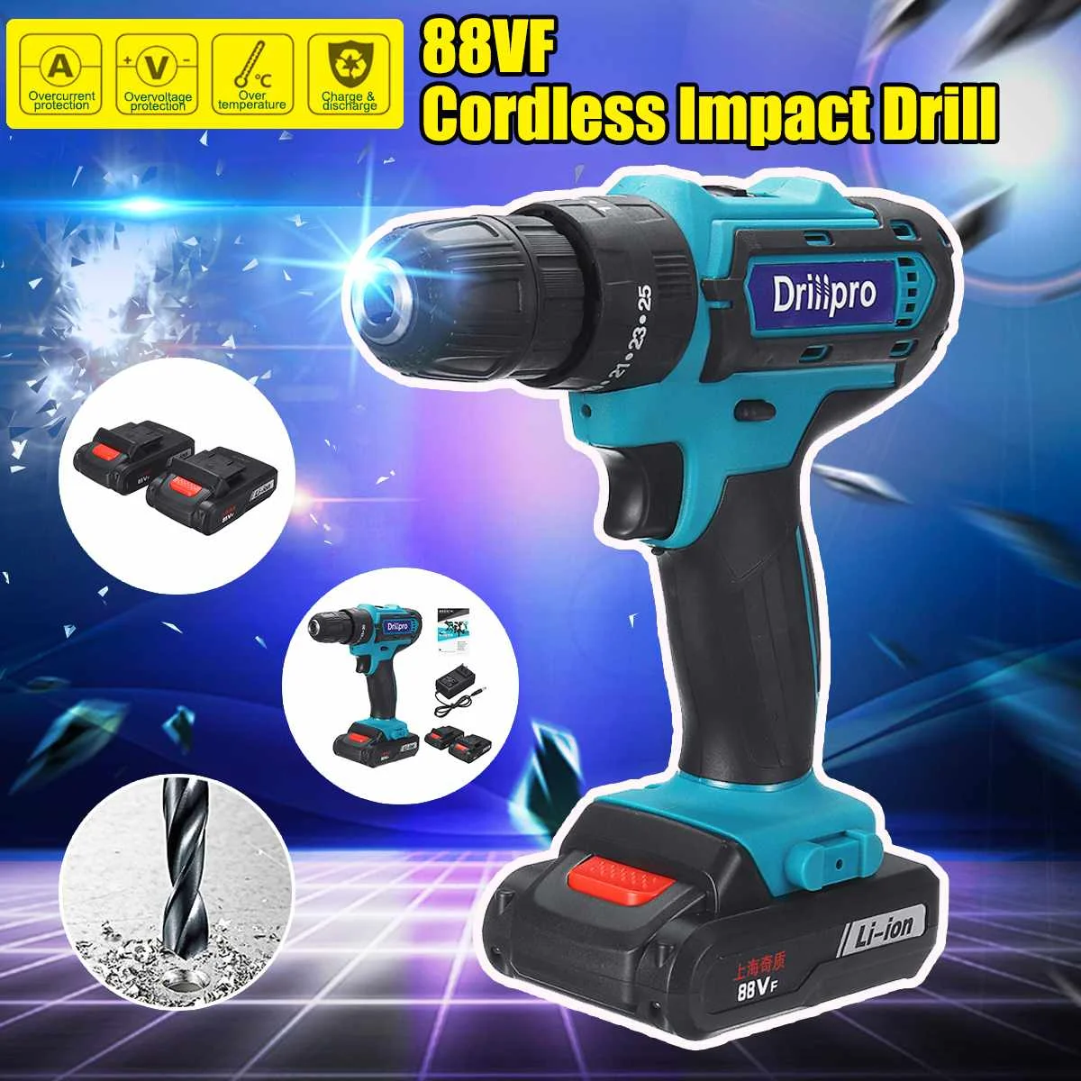 

Mini Electric Screwdriver Cordless Drill Impact Drill Power Driver DIY Home 88VF DC 2 Lithium-Ion Battery 10mm 2-Speed Tools