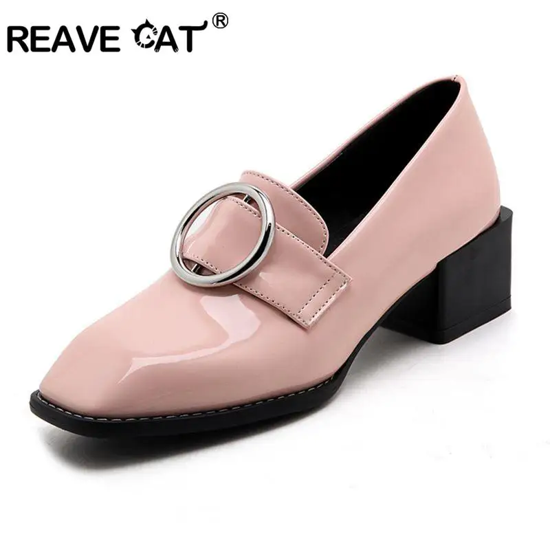 

REAVE CAT new fashion big metal buckle pumps woman's loafers large size 43 slip on lady creepers casual shoes zapatos mujer A441