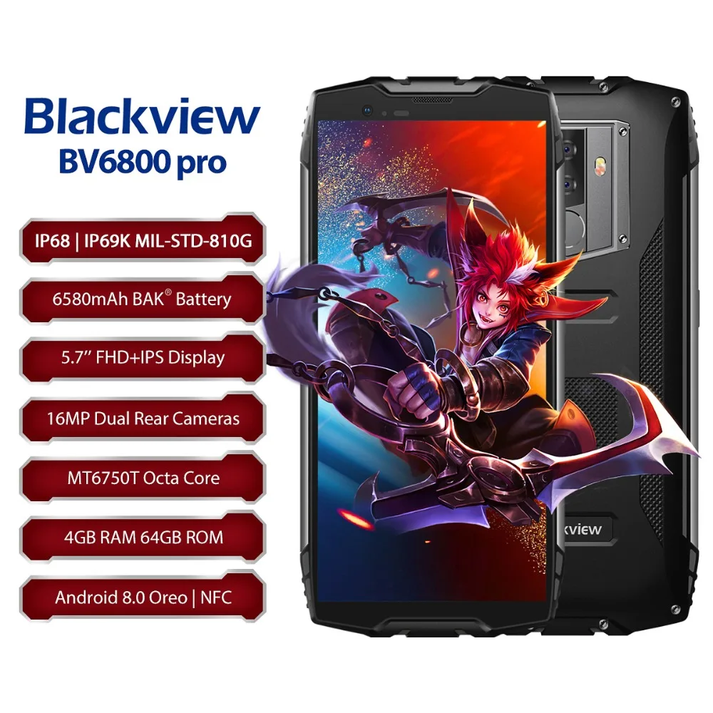 Смартфон Blackview BV6800 Pro IP68 IP69K Face ID 5," FHD 4 Гб+ 64 Гб 16,0 Мп мобильный телефон Восьмиядерный Android 8,0 NFC 4G мобильный телефон