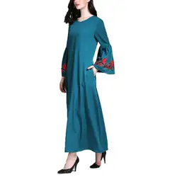 Женская Абая, для мусульман, кафтан, с пышными рукавами, с вышивкой, аппликация, макси, длинное платье, одноцветное, этнический стиль