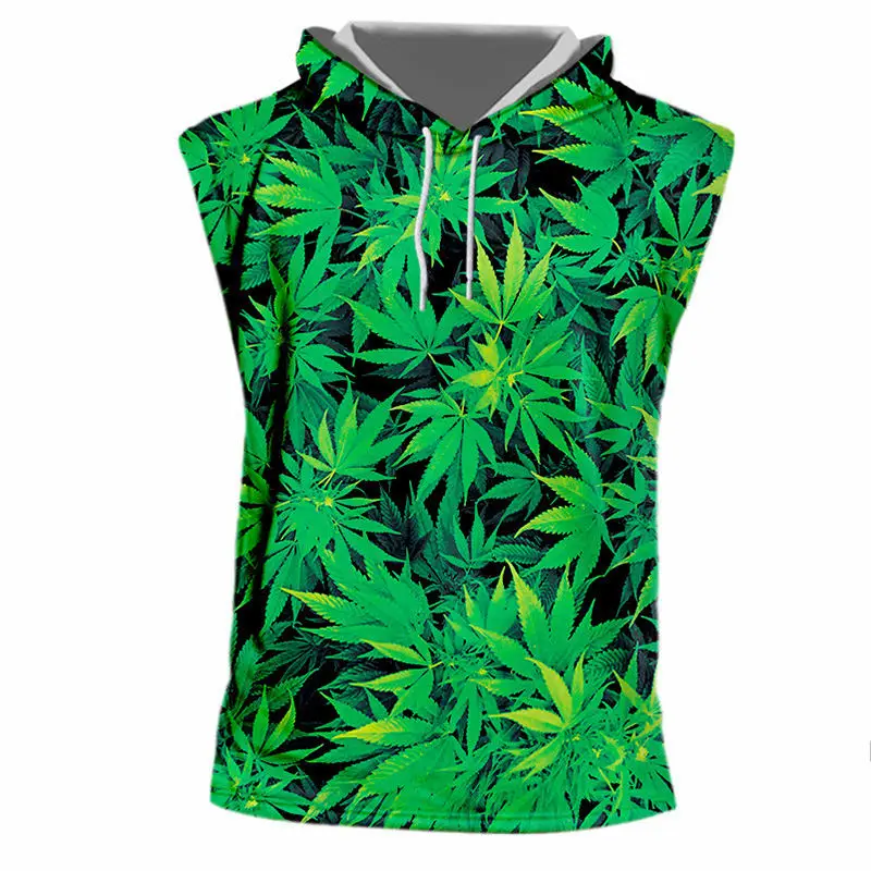 Мужские тренировки с капюшоном топы новинка 3d Сорняк листьев печати майка с капюшоном Бодибилдинг Мышцы отрезать топы без рукавов тренажерный зал жилет