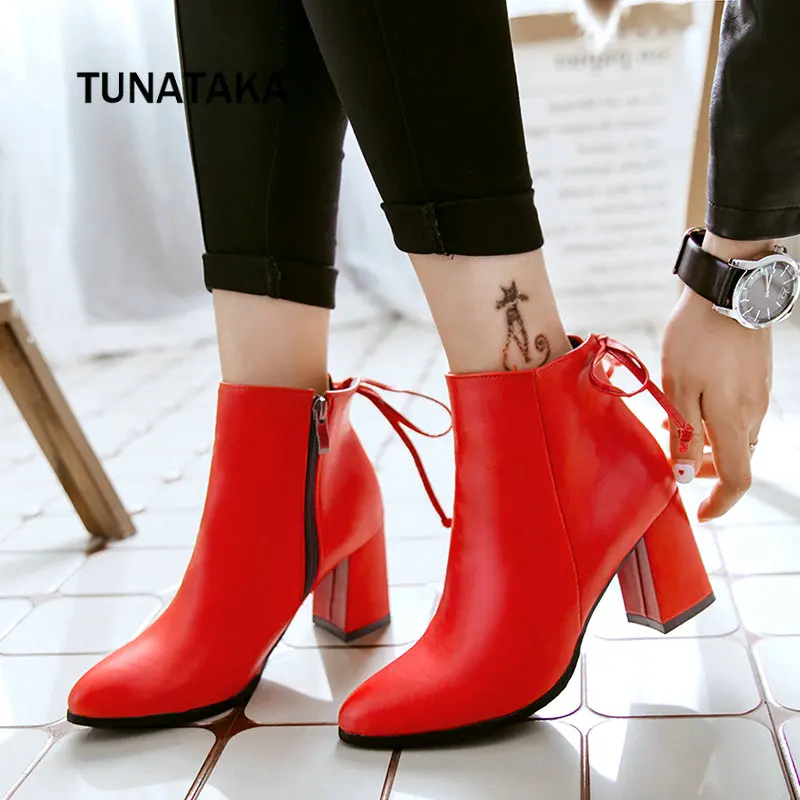 

Women Thick High Heel Ankle Boots Fashion Bow Side Zipper Winter Women Shoes Brown Gay Red Black