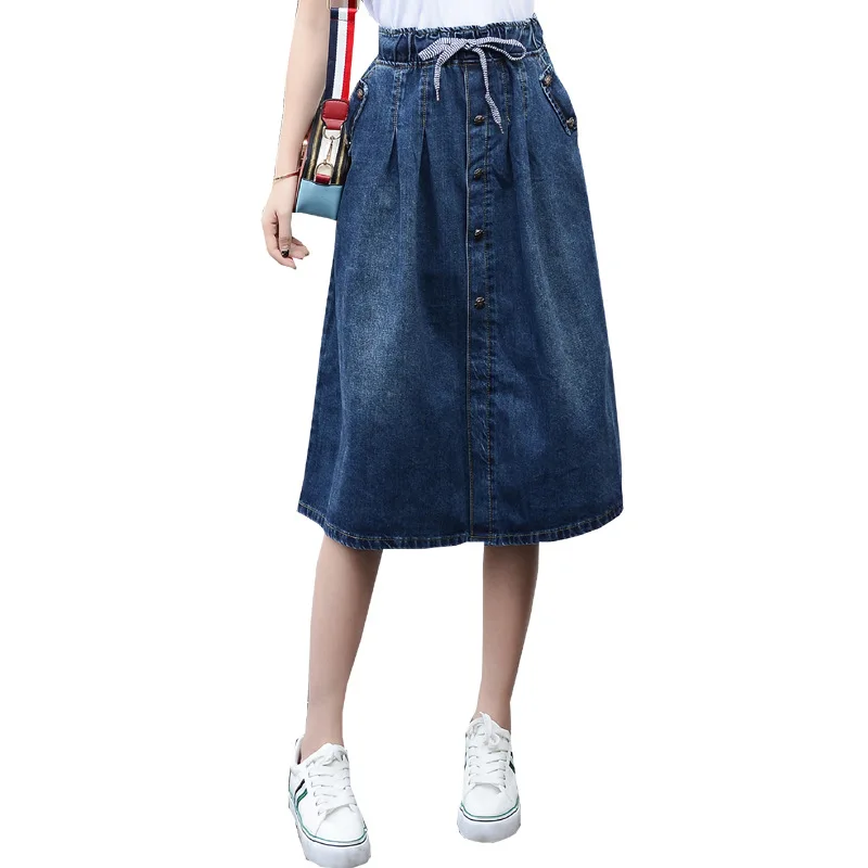 2018 High Waist Women Denim Long Skirt Oversize Elastic Waist Lady