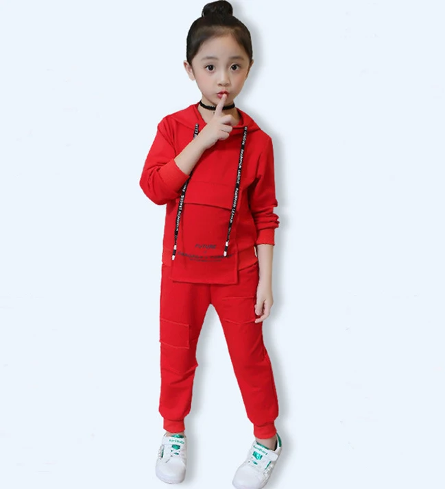 

Children's wear spring autumn new girls big pocket sports suit long-sleeved hooded sweater + pants 3-12 baby girl clothes