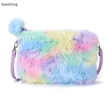 Радужная меховая женская милая сумка через плечо, зимние мини сумки, женская сумка на плечо, кожаная мультяшная Сумка-клатч, конверт, кошелек, Bolsa