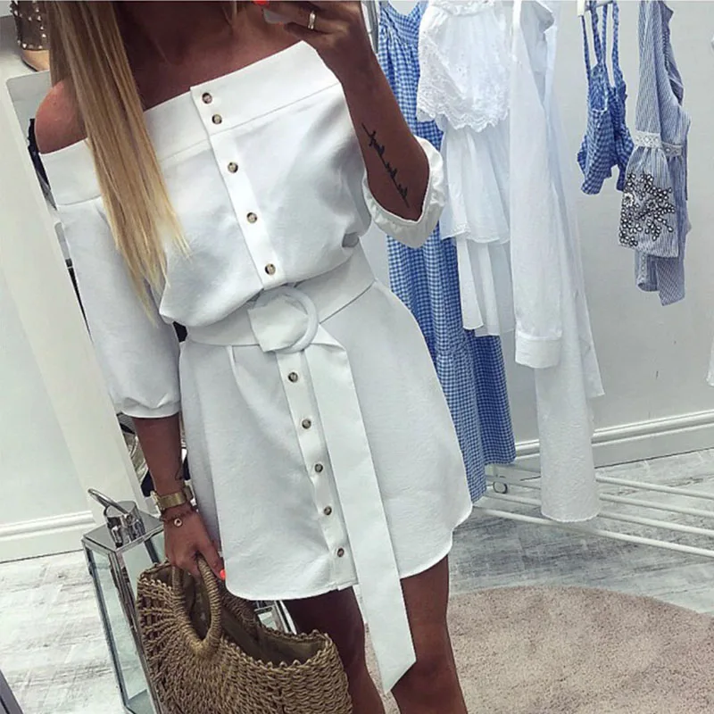 Sexy Off Shoulder Half Sleeve Summer Blue Striped Short Dress Women 2019 Buttons Office White Casual Woman Mini Dresses | Женская одежда