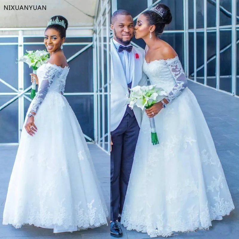 

2019 White A-Line Wedding Dress Off Shoulder Lace Appliques Floor Length Plus Size Bridal Gowns Robes De Marie Vestido De Novia