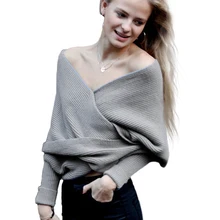 Модный женский сексуальный женский длинный рукав v-образный вырез с открытыми плечами однотонный вязаный пуловер Повседневный Удлиненный свитер Трикотаж