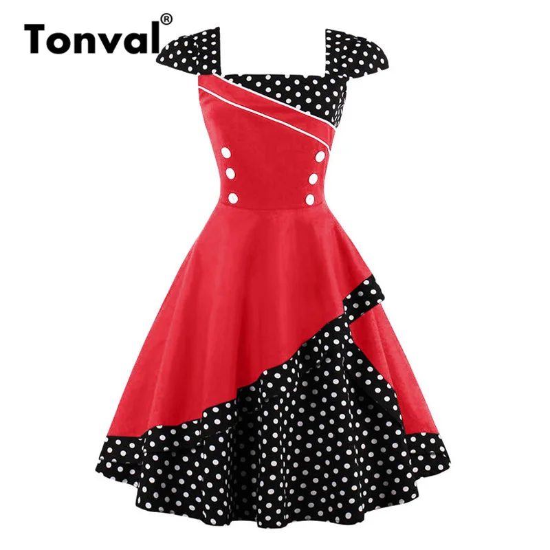 

Tonval Square Neck Layered Polka Dot Rockabilly Dress Women Clothes Double Breasted Tunic Cap Sleeve Red Vintage Retro Dresses