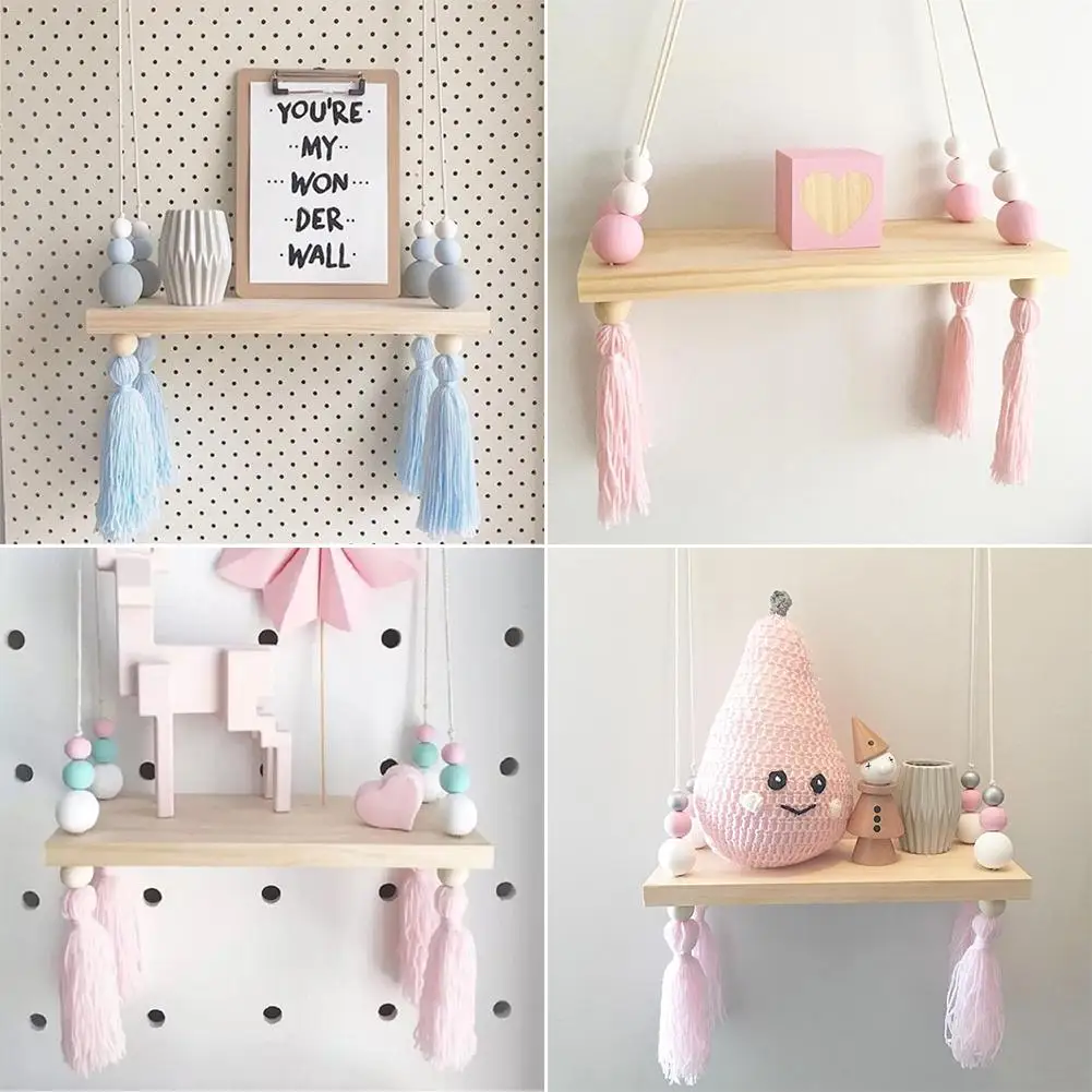 

Nordic Style Home Decorations Wooden Storage Display Shelf Log Pine Wood Beads Shelves for Kids Room Decorative Hanging Stand