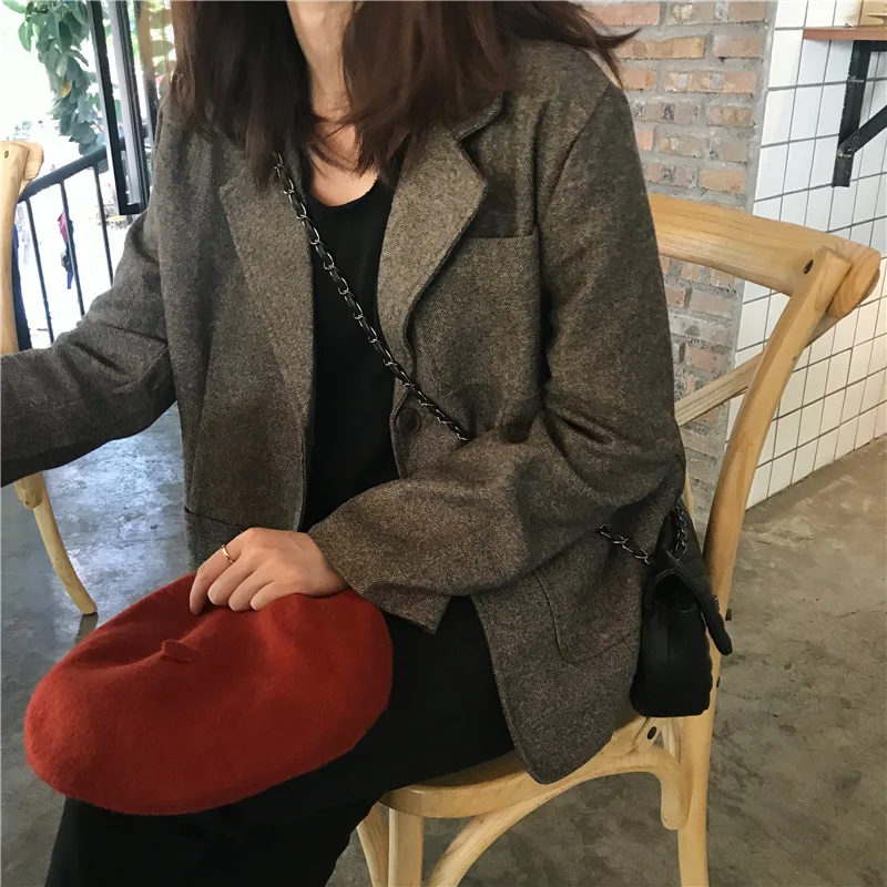 

Vintage Blazers And Jackets For Women Spring Autumn Plus Cotton Thicken Herringbone Pattern Wool Coats Office Lady Outwear Suits