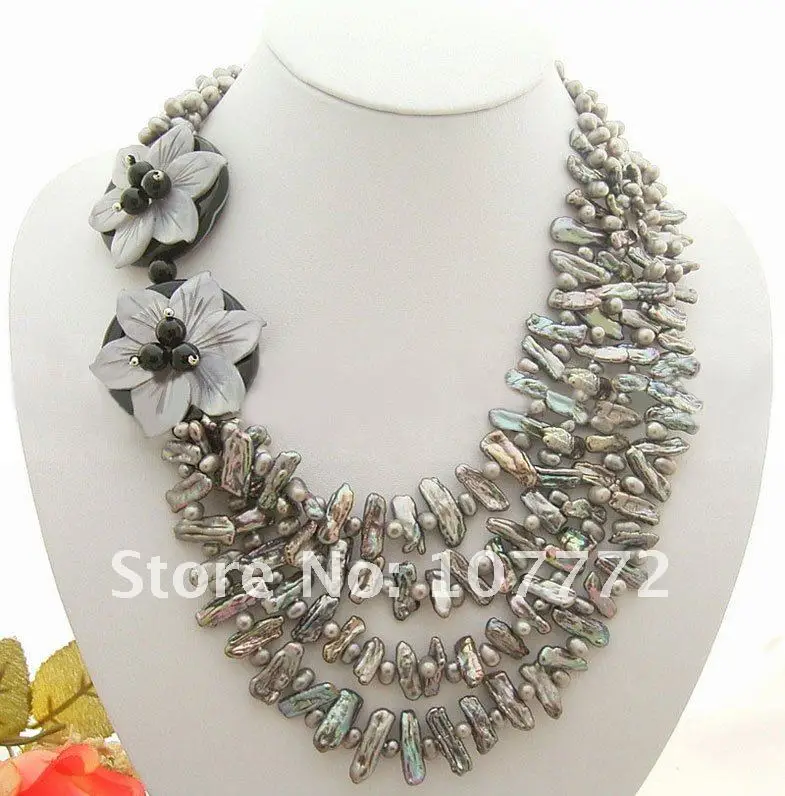 

Amazing! 4 strands Pearl&Shell Flower&Onyx Necklace free shipment