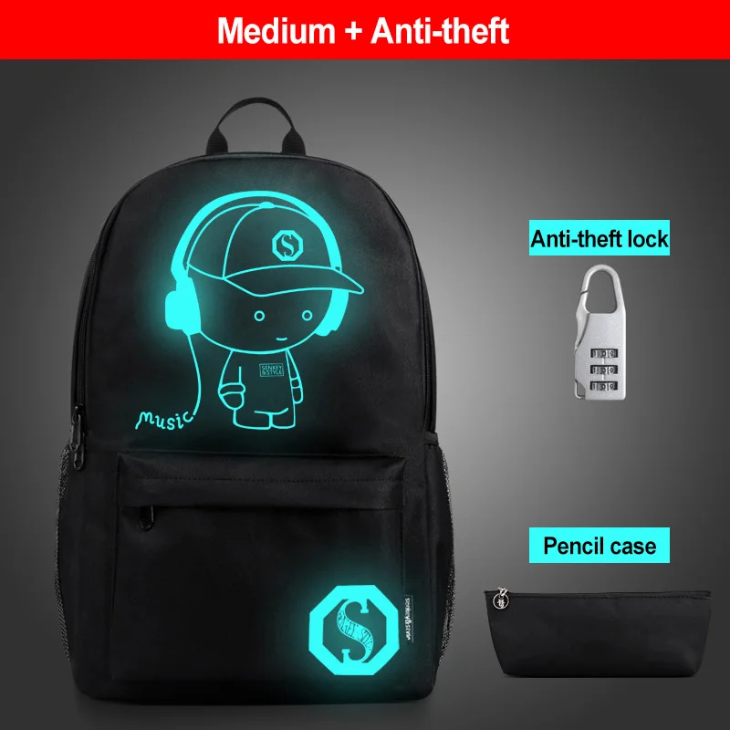 4pcs Backpack Child School Bags For Teenage Girl Boys Anti-theft School Backpack Anime Luminous Schoolbag With USB Charging Port - Цвет: 3pcsBlack Music -M