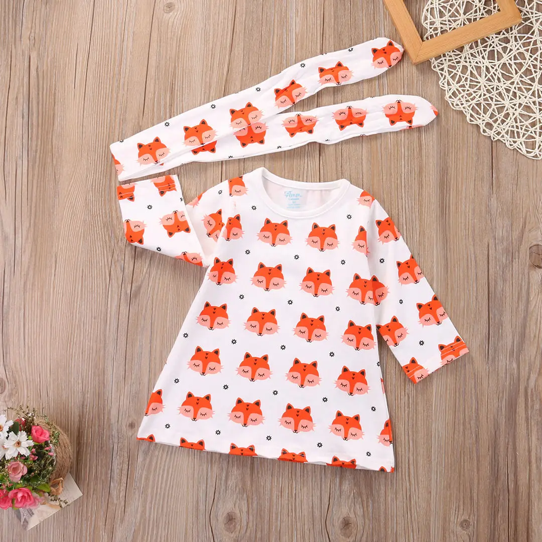 

Newborn Baby Girls Long Sleeve Cotton Cute Cartoon Fox Dress Headband Outfits 2pcs Baby Clothing Set