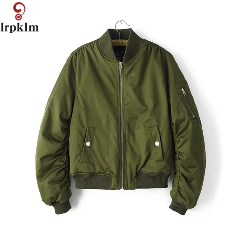 2017 Spring Women Solid Thin Flight Army Green Bomber Jacket Rib Sleeve