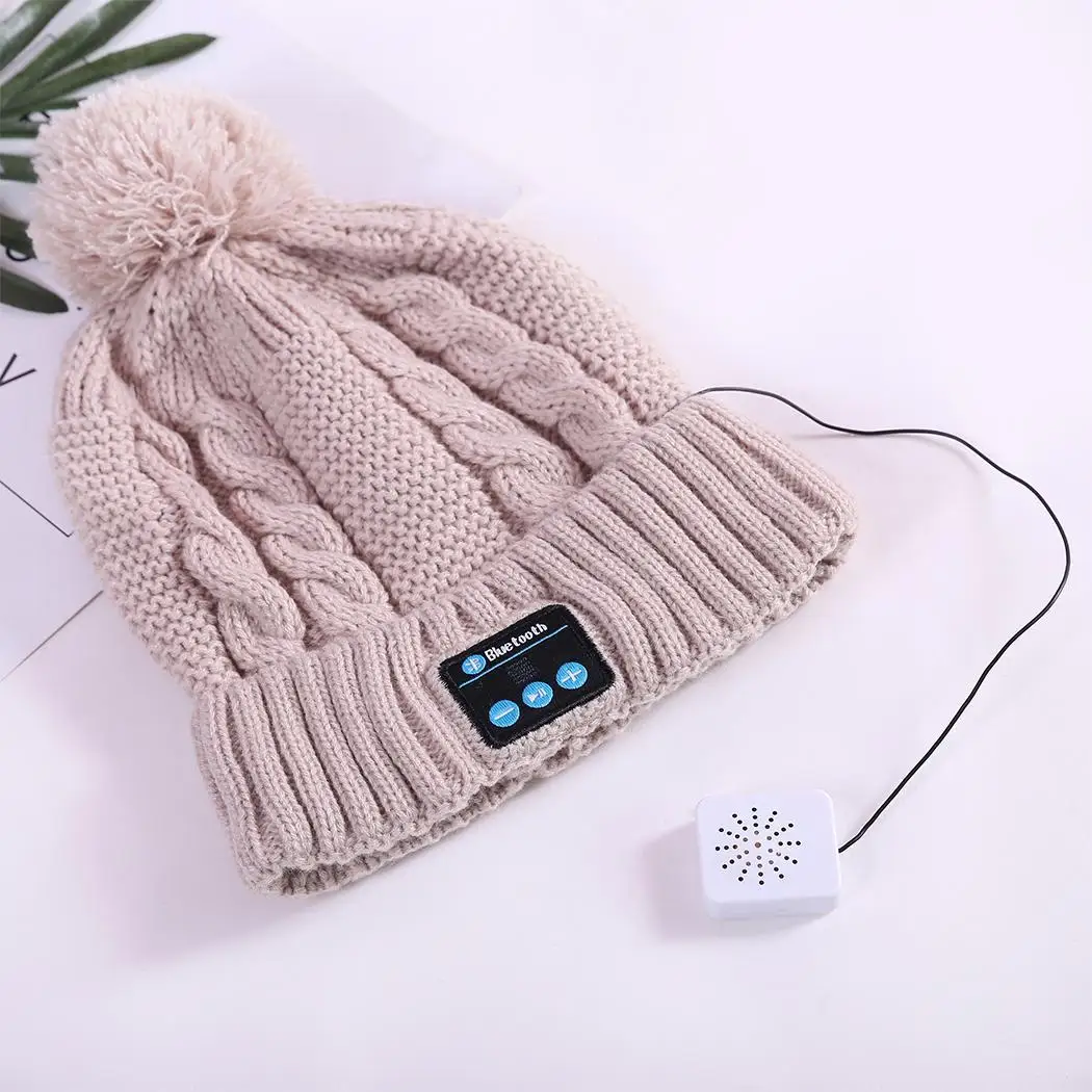 

Portable Wireless Earphone Bluetooth Handsfree Music Earphones Winter Warm Knitted Cap Hat Bluetooth Headset Cap Pink For Women