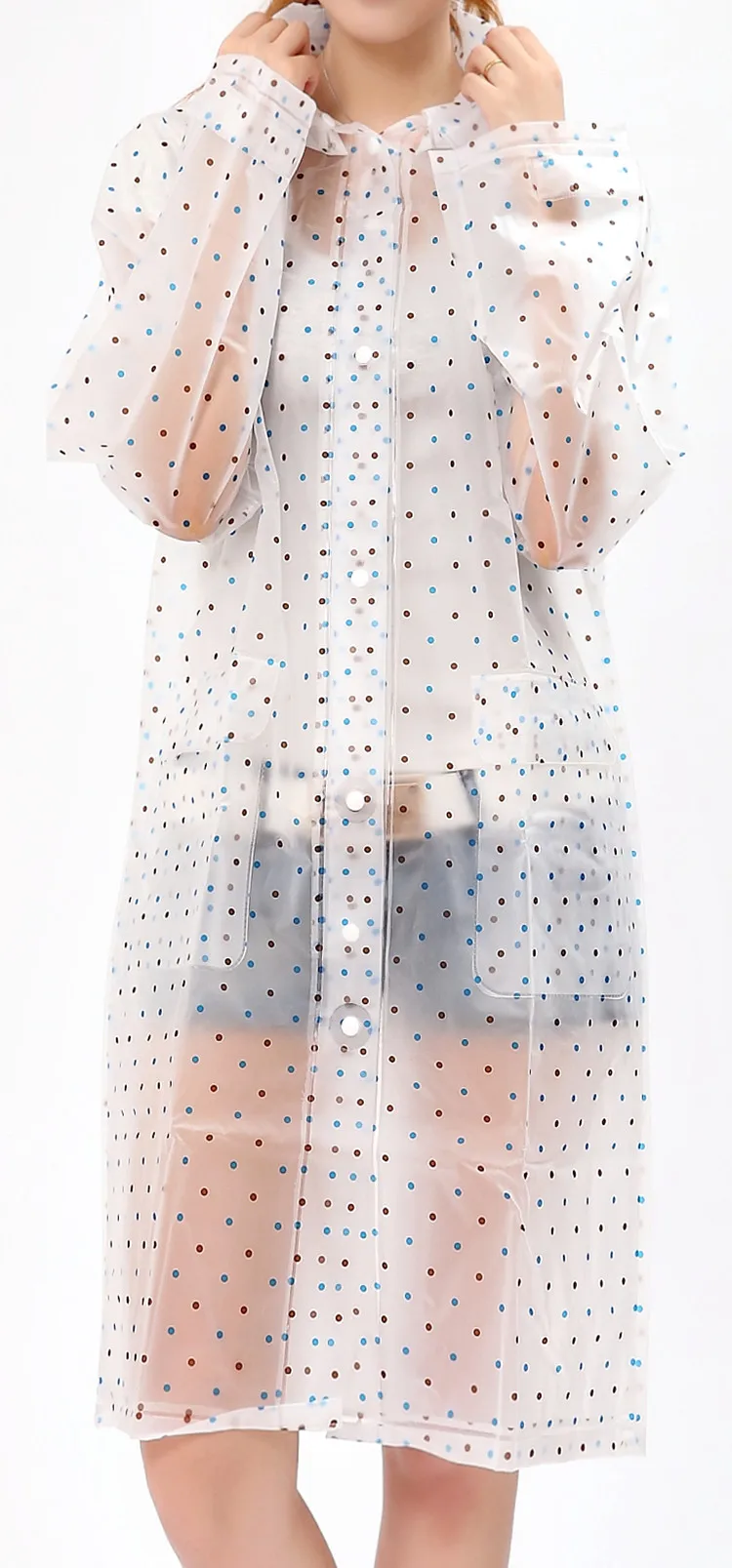 Женский синий Coffe dots плащ-дождевик из ЭВА водонепроницаемый плащ с капюшоном Freesmily