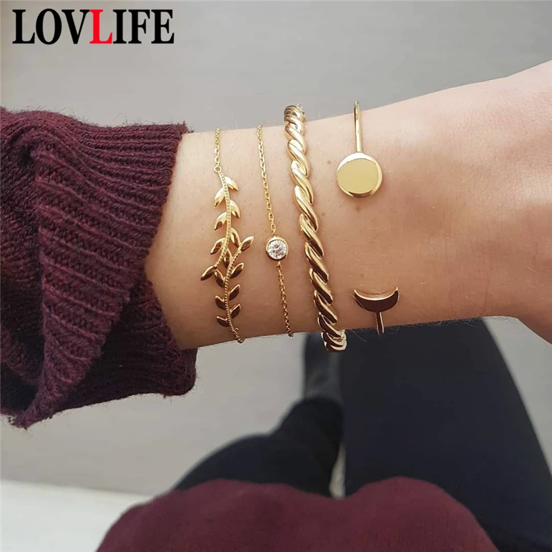 

4pcs/set Round Moon Open Leaf Twist Bangle Women Bracelet Sets Adjustable Fashion Bracelets Set Party Hand Jewelry Accessories