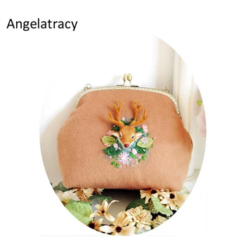 

Angelatracy Cashmere Elk Bags Deer Buck Wildlife Embroidery Floral Clutch Beads Woolen Felt Vintage Metal Frame Bags