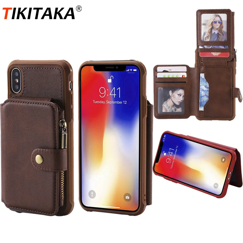 

Tikitaka Multifunction Wallet Case For iPhone X XS Max 7 8Plus Anti-fall Zipper Card Support Cases For iPhone XR 6 6sPlus Cover