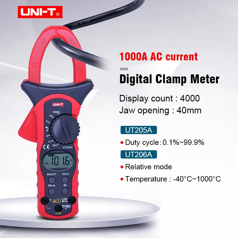 

UNI-T UT205A UT206A Auto Range 1000A Digital Clamp Meter Multimeters Voltmeter Diode test Data hold with LCD backlight