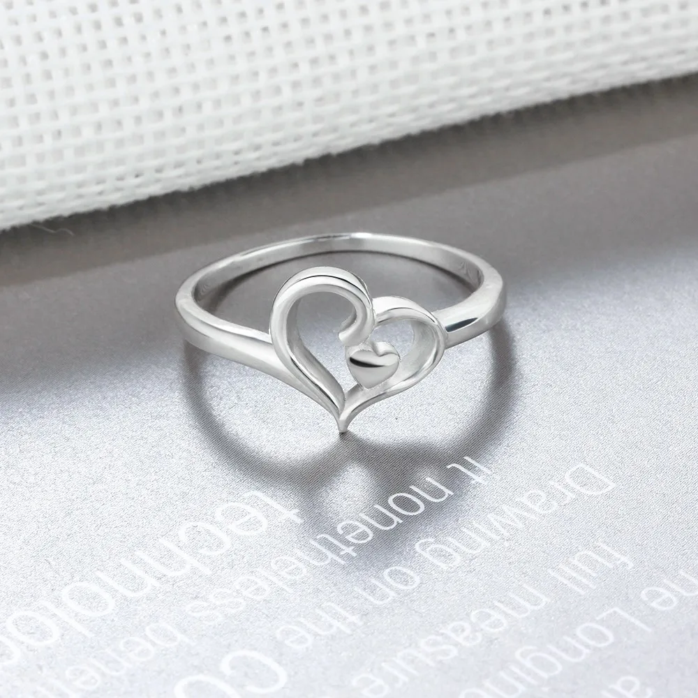 Fashion Heart & Heart Hollow Love Rings 925 Sterling Silver Female Ring For Women Party Jewelry Gift For Her (JewelOra RI102895)