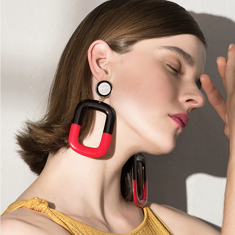 

2019 Summer New Resin Earrings Trend Exaggeration Big Earring Temperament High-end Earrings Geometric Square Black Red Stitching