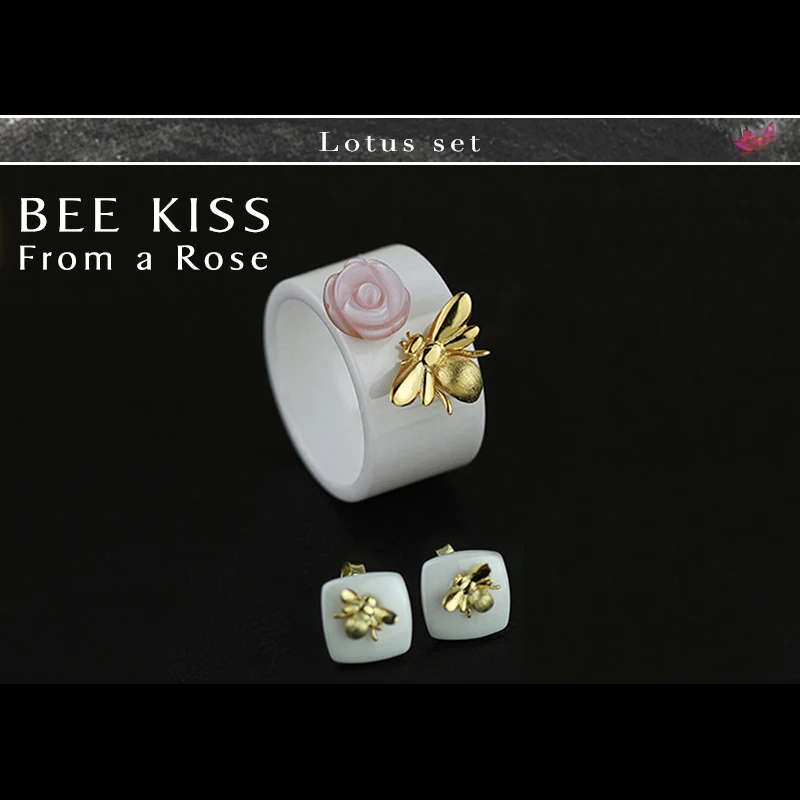 Lotus Fun Real 925 Sterling Silver Natural Handmade Fine Jewelry Ceramics Cute Bee Kiss from a Rose Jewelry Set for Women Bijoux