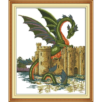 

Dragon and castle Needlework,DIY DMC 11CT printed Cross stitch,Sets For Embroidery kits white canvas Counted Cross-Stitching