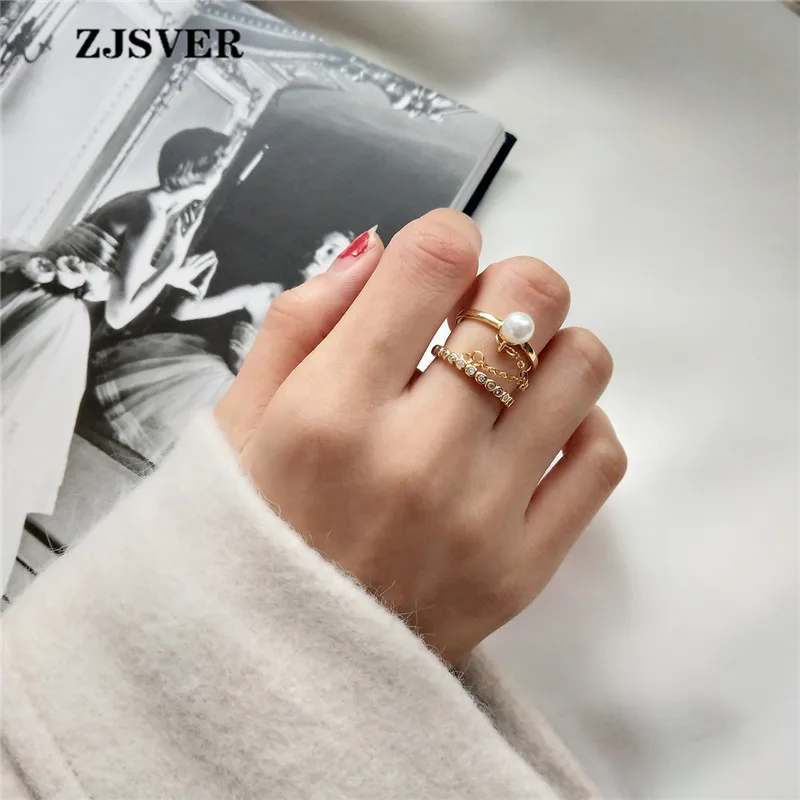 

ZJSVER Korean Jewelry 925 Sterling Silver Rings Golden Retro Pearl Two Rings Connected Adjustable For Women Festival Present