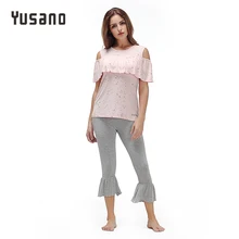 Yusano пижамы из мягкого хлопка с оборками без рукавов с круглым вырезом пижамы леди розовый серый Kigurumi принт удобные пижамы Pijama