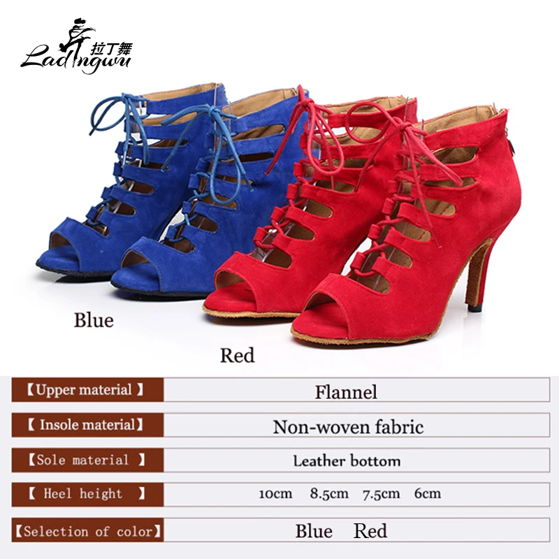 Lacing Flannel Spring and Summer Boots Soft Bottom Dance Shoes Zipper Women's sandals Latin Salsa Dance Shoes Blue/Red