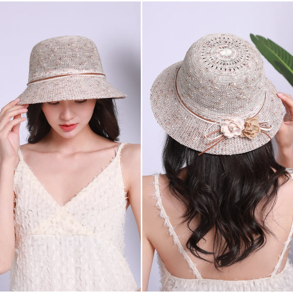 

Fashion Beach Sun Hat Spring Summer Outdoor Ms. Mixed Color Knit Straw Hat Flower Basin Hat Fisherman Hat