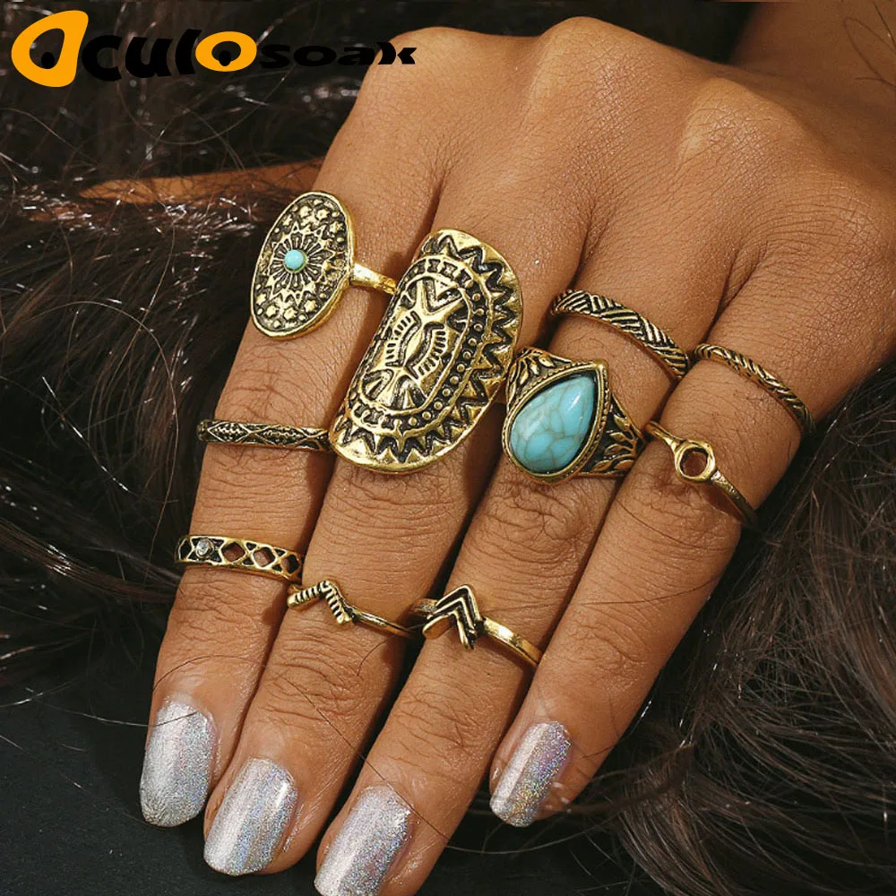 

10pcs Vintage Big Stone Midi Ring Set For Women Boho Antique Gold Silver Heart Flower Knuckle Rings Boho Jewelry Anillos Gift