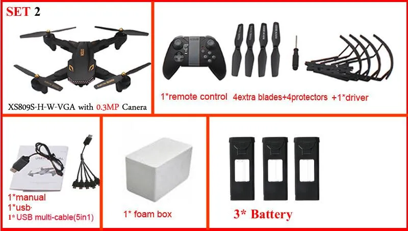 Visuo XS809S Мини Складная селфи Дрон с Wi-Fi FPV 0.3MP или 2MP Камера/2MP Широкий формат Камера высота Удержание Quadcopter - Цвет: SET2