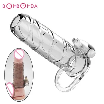 Soft Silicone Reusable Hollow Penis Enlarger Pump Sleeves Vibrator Cock Ring Penis Thicker Foreskin Cage Gay Sex Toys For man O2