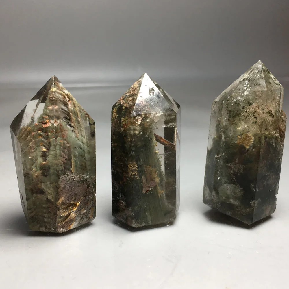 

104g 3pcs Natural Phantom Green Red Ghost QUARTZ Crystal wand Point HEALING fengshui