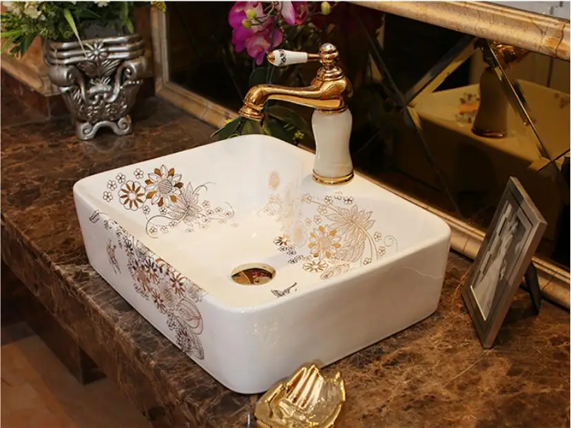 

Porcelain Cloakroom Rectangular Wash Basin Lavabo Countertop Sink Vessel Bathroom Hand Paint Art Wash Sink LGQ025