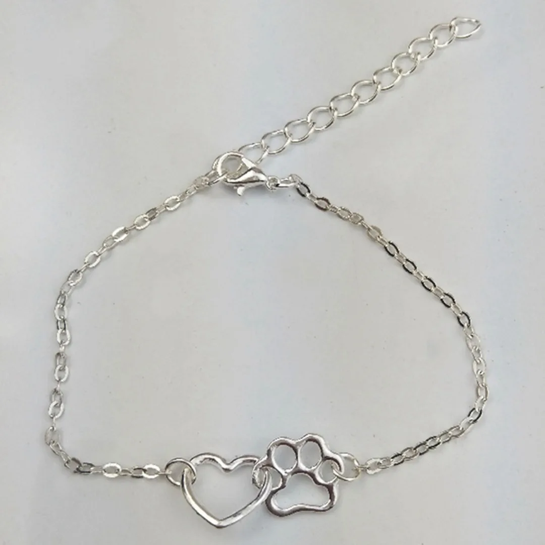 Cute Pat Cat Dog Footprint Silver/Gold Women Hand Chain Elegant Fashion Hollow Love Heart Pet Paw Bracelet Lovely Animal Jewelry