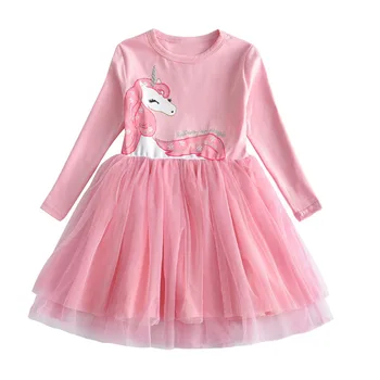 

RA114361 New Fashion children's Clothes long sleeve Pricess Dress white gauze Dresses Pure color Girl Unicorn Dress