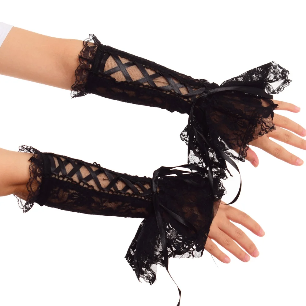 Викторианские женские Лолита с рюшами рукава перчатки черные кружева ручная одежда наручные манжеты