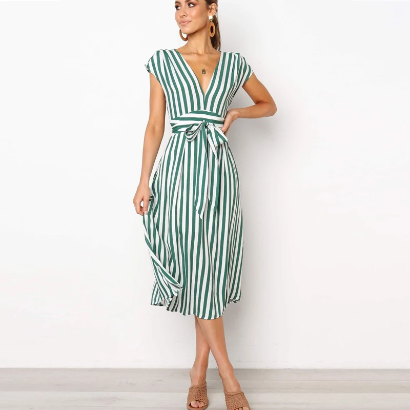 

2019 Summer Striped T-Shirt Dress Women Drawstring V Neck Short Sleeve High Waist Elegant Long Party Dresses Vacation Vestidos
